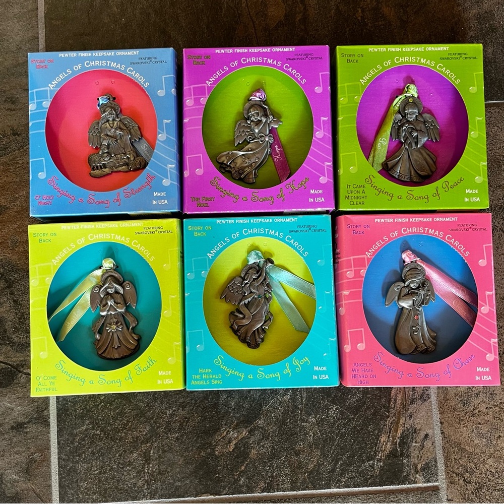 6 Gloria Duchin Pewter Ornaments Angels of Christmas Carols Swarovski Crystal